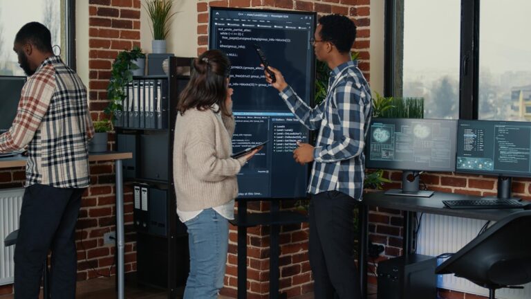 Illustration of modern software architecture challenges including scalability, team communication, and technical debt