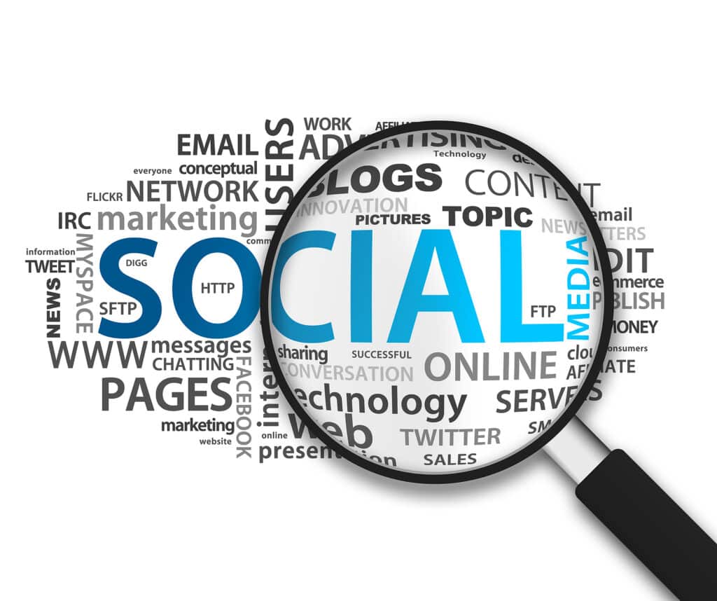 A magnifying glass focuses on the word "SOCIAL" in large blue letters. Surrounding it are various related terms in black and gray, such as "MEDIA," "NETWORK," "ONLINE," "CONTENT," "BLOGS," emphasizing the importance of Social Media Marketing.