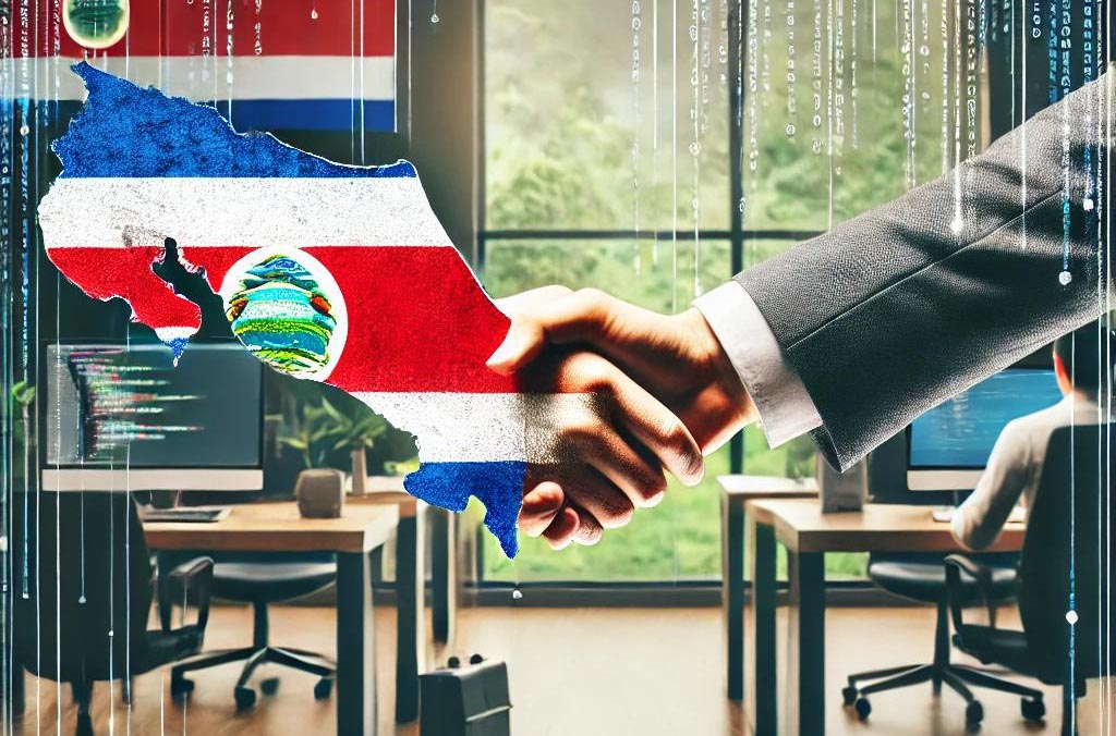 A vibrant and professional scene showing a handshake between a businessperson and a software developer in a modern office environment