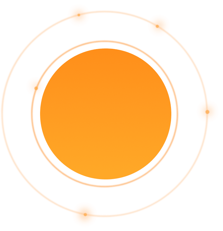 An abstract representation of an atom with a large orange circle in the center and five smaller orange circles orbiting at various distances, connected by thin lines.