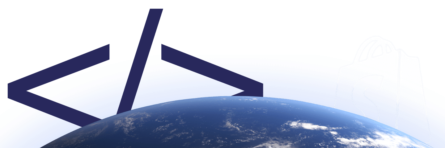 A stylized globe of Earth with blue oceans and white clouds, a white shopping bag bearing a blue dollar sign on the right, and bold dark-blue angular shapes above to suggest global e-commerce.