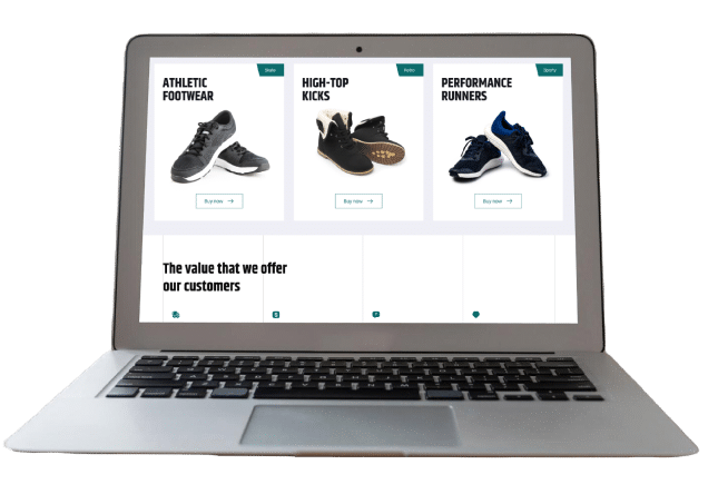 A silver laptop on a white surface displays an e-commerce page with three shoe cards labeled Athletic Footwear, High-Top Kicks, and Performance Runners, each with a Buy Now button, and a lower panel that reads The value that we offer our customers.