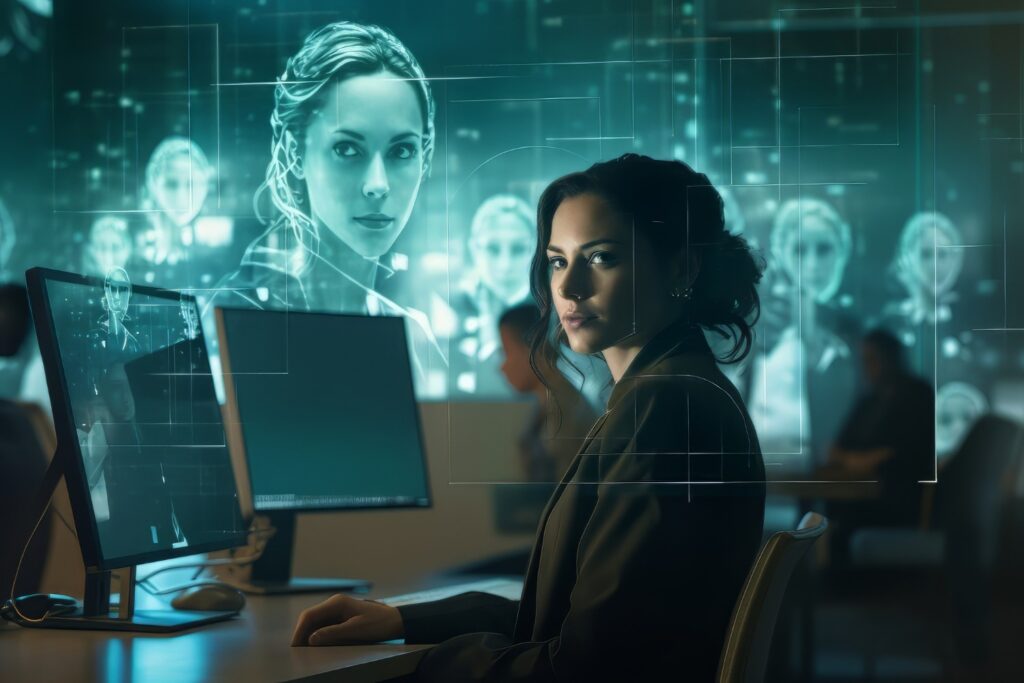 Woman working in front of 2 monitors